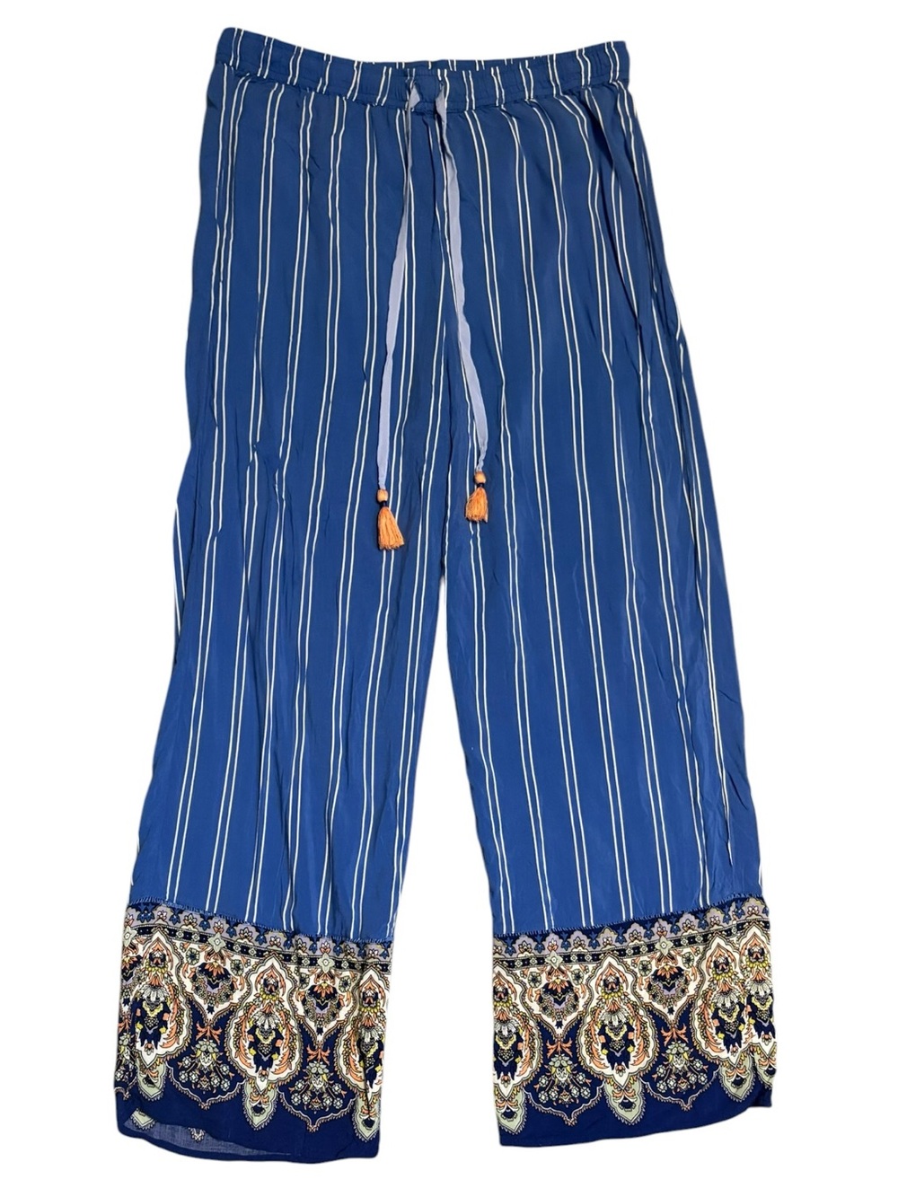 Anthropologie Blue Stripe Wide Leg Crop Pants Boho Border Print Tassel Medium